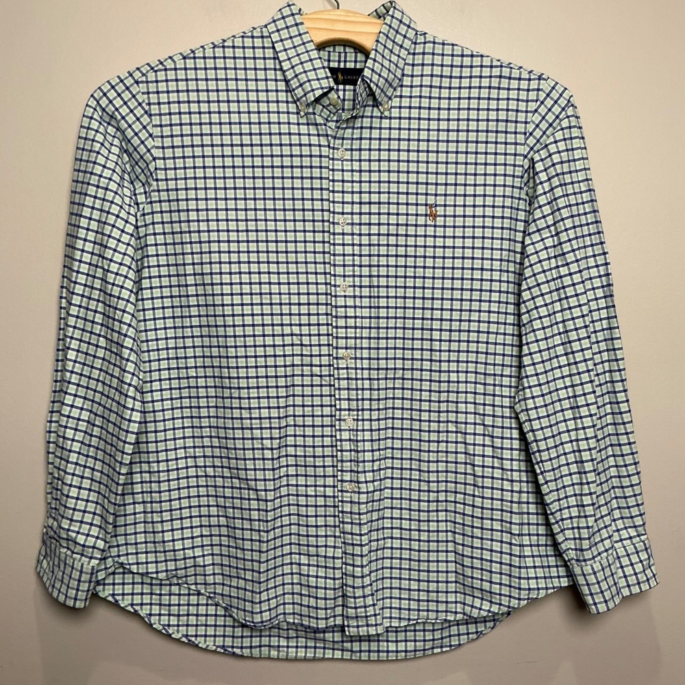 Ralph Lauren Men's Long Sleeve Button Down Shirt XXL Green Blue Plaid Flesh Pony - Picture 2 of 7